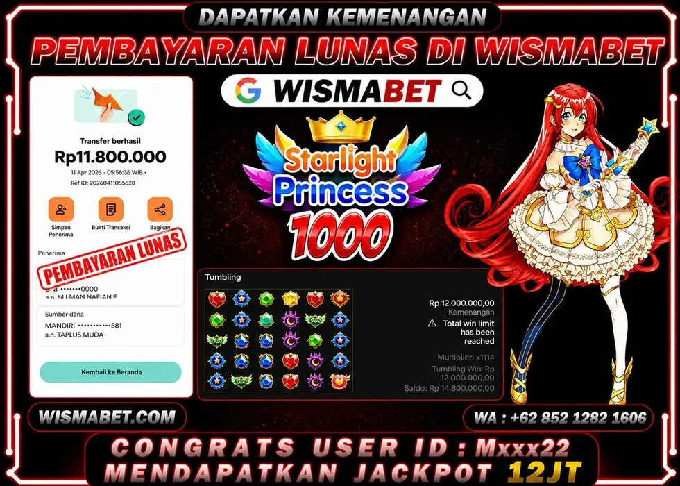 Wismabet - BUKTI KEMENANGAN Starlight Princess x1000 Rp12,000,000,- LUNAS